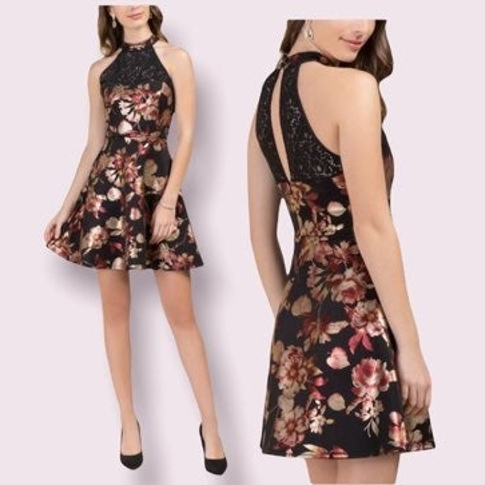 Francesca’s Black Red Metallic Floral Halter‎ Fit & Flare Dress